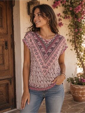 NWOT Lucky Brand Womens Pink Boho Print Short Sleeve Size Small